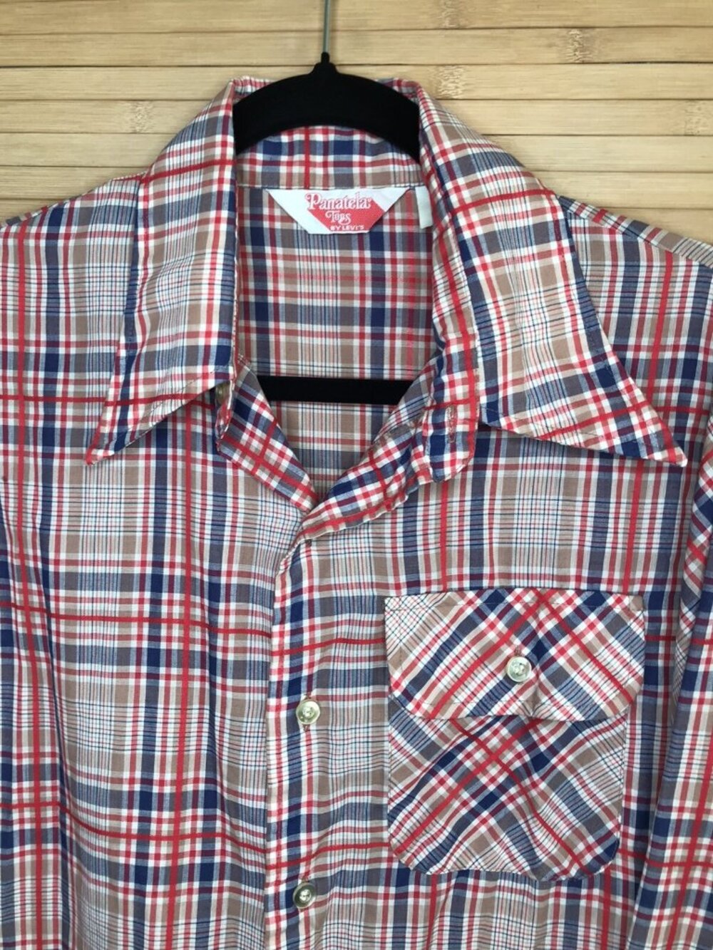 vtg 70s LEVIS PANATELA Red Blue White PLAID MEN'S BUTTON DOWN SHIRT M/L